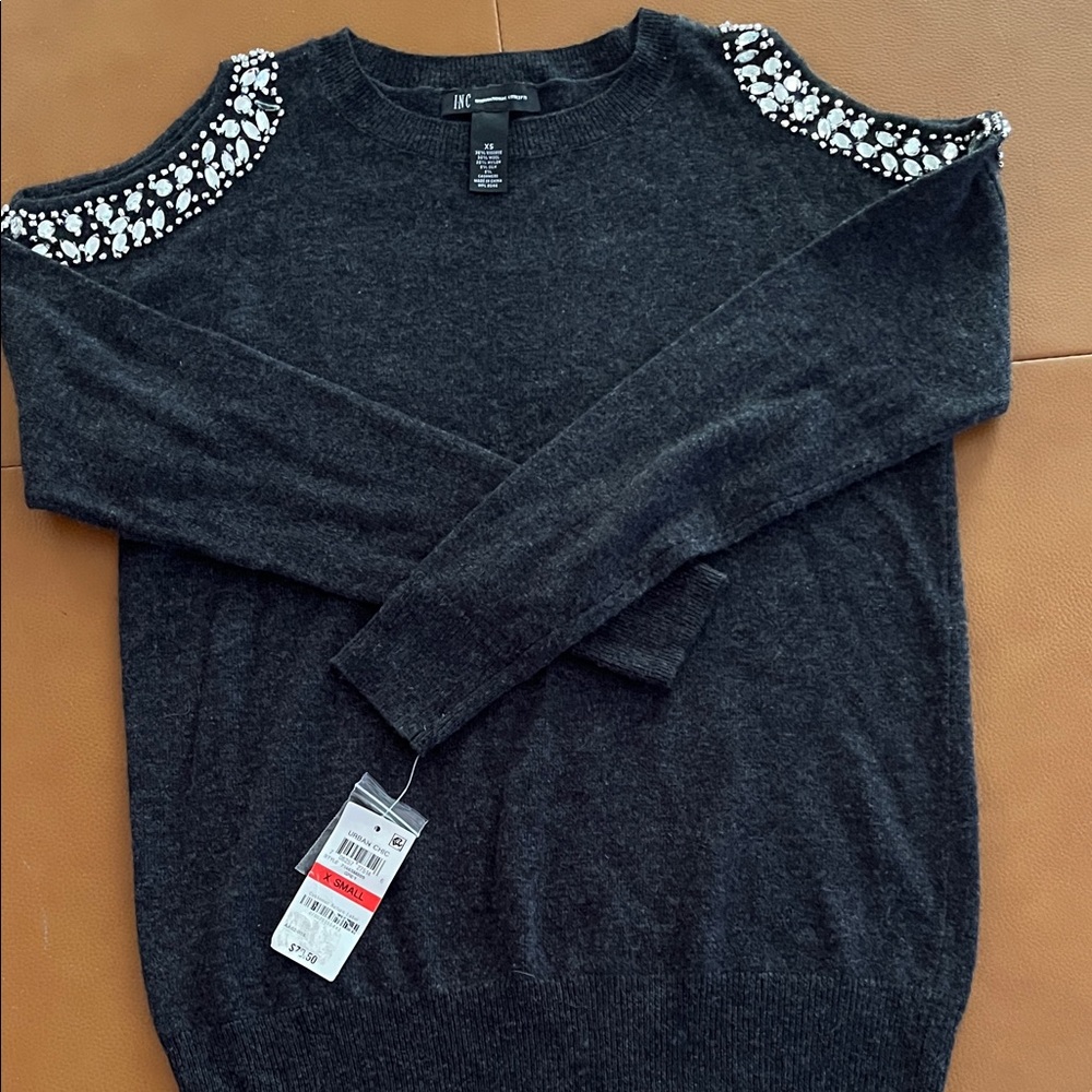 INC International Concepts Charcoal Sweater with Embellished Shoulders